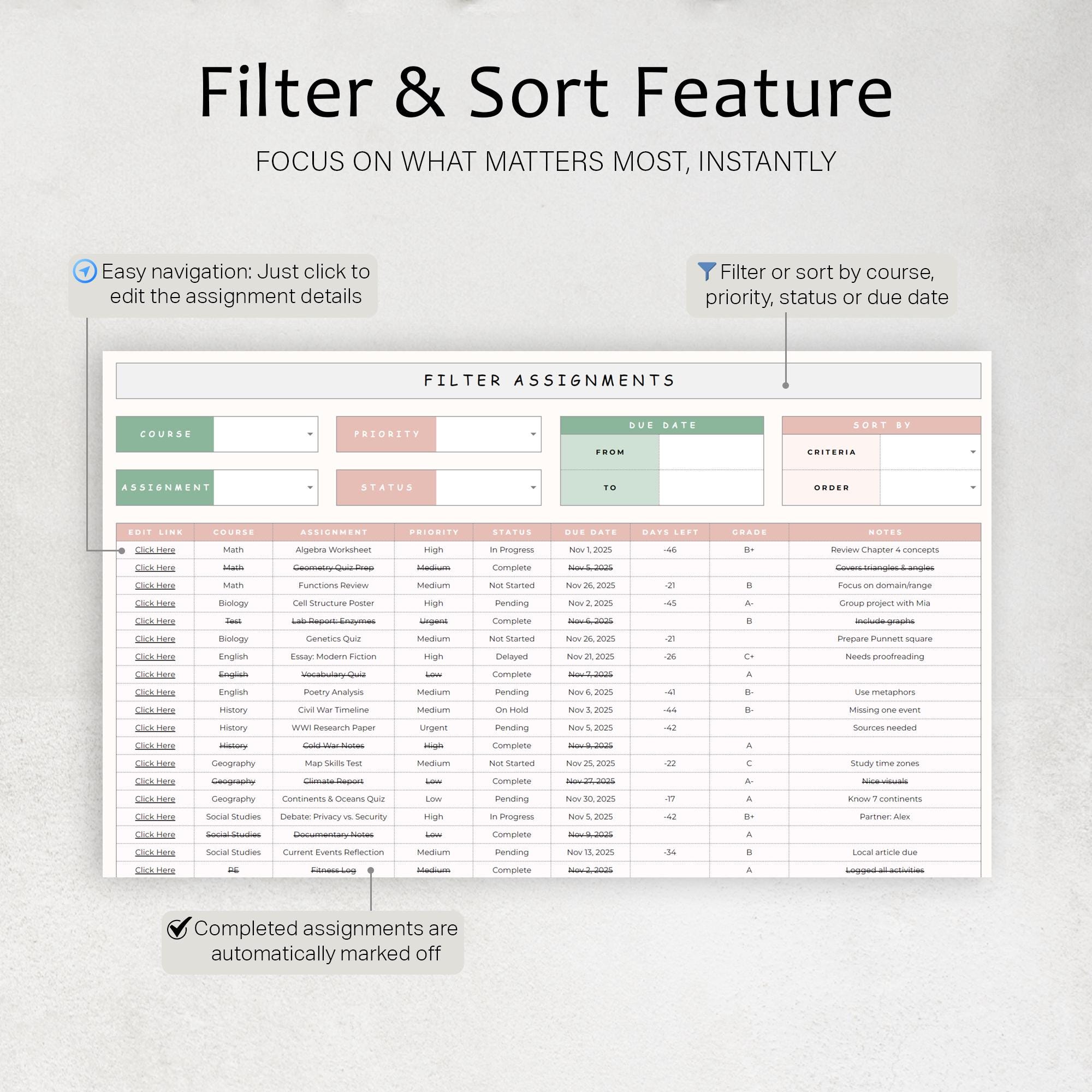 Assignment Tracker Spreadsheet Student Planner Template Academic Study ...