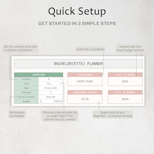 May include: A digital bachelorette planner with a light background. The planner includes sections for currency, date, budget, and guest count. The text "Quick Setup" and "Bachelor(ette) Planner" are visible.
