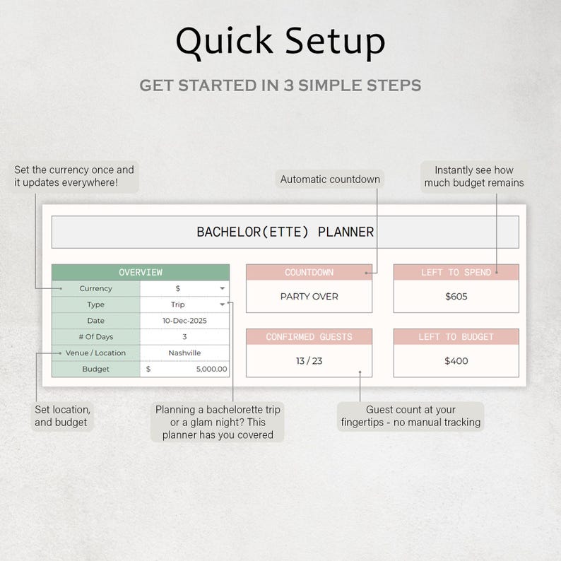 May include: A digital bachelorette planner with a light background. The planner includes sections for currency, date, budget, and guest count. The text "Quick Setup" and "Bachelor(ette) Planner" are visible.
