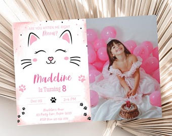 Cat Birthday Invitation with Photo Cat Party Invitation with Picture Kitten Invitation Kitty Birthday Girl EDITABLE Instant Download K01
