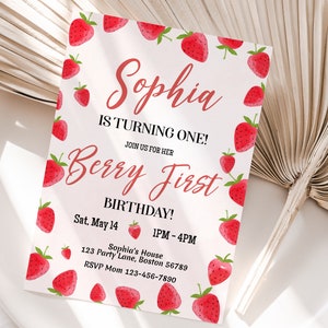 Editable Strawberry First Birthday Invitation Template Girl 1st Birthday Party Invite Berry First Birthday Cute Sweet Printable Instant S01