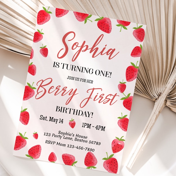 Editable Strawberry First Birthday Invitation Template Girl 1st Birthday Party Invite Berry First Birthday Cute Sweet Printable Instant S01
