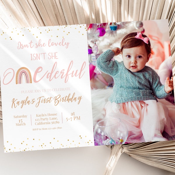 Onederful Birthday Invitation with Photo Isnt She Lovely Isnt She Onederful invitation with Picture Girl 1st Birthday Editable Instant O01