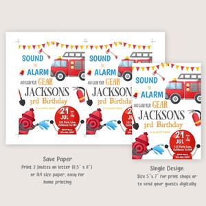 May include: Fire truck birthday party invitation with red, yellow, and blue colors. The invitation says "Sound the Alarm and Grab Your Gear Jacksons 3rd Birthday". The invitation also includes a fire hydrant, a fire truck, and a shovel.