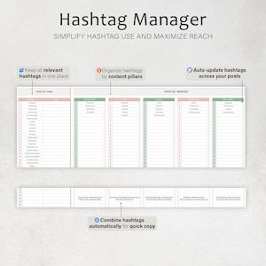 K&ouml;nnte beinhalten: Ein digitaler Planer mit dem Titel "Hashtag Manager" und dem Text "Simplify Hashtag Use and Maximize Reach". Der Planer enth&auml;lt Abschnitte zum Organisieren von Hashtags, zum Speichern an einem Ort und zum automatischen Aktualisieren.