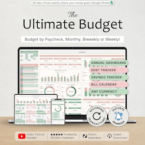 Puede incluir: Una hoja de cálculo de presupuesto digital en una computadora portátil, tableta y teléfono inteligente. La interfaz muestra gráficos, tablas y rastreadores rosas y verdes etiquetados como Annual Dashboard, Debt Tracker, Savings Tracker y Bill Calendar.