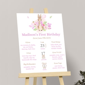 Peter Rabbit Meilenstein Poster Pinker Hase Meilensteintafel Flopsie Bunny Erster Geburtstagsparty Meilensteinschild Mädchen Schilder Dekoration EDITIERBAR P05