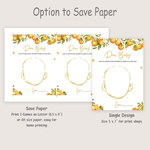 May include: Printable baby shower game with two orange and lemon themed "Draw Baby" cards. Each card has a space for guests to draw a baby's face and write their name. The text on the card reads "Can you draw how the baby is going to look like?"  The cards are designed to be printed on letter size paper (8.5 x 11 inches).