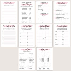 May include: A collection of printable birthday party games on white paper with pink accents. Games include "Favorite Memory," "Happy Birthday Around the World," "Wishes for the Birthday Girl," "Over or Under," "Two Truths and a Lie," "Name That Tune," and more.