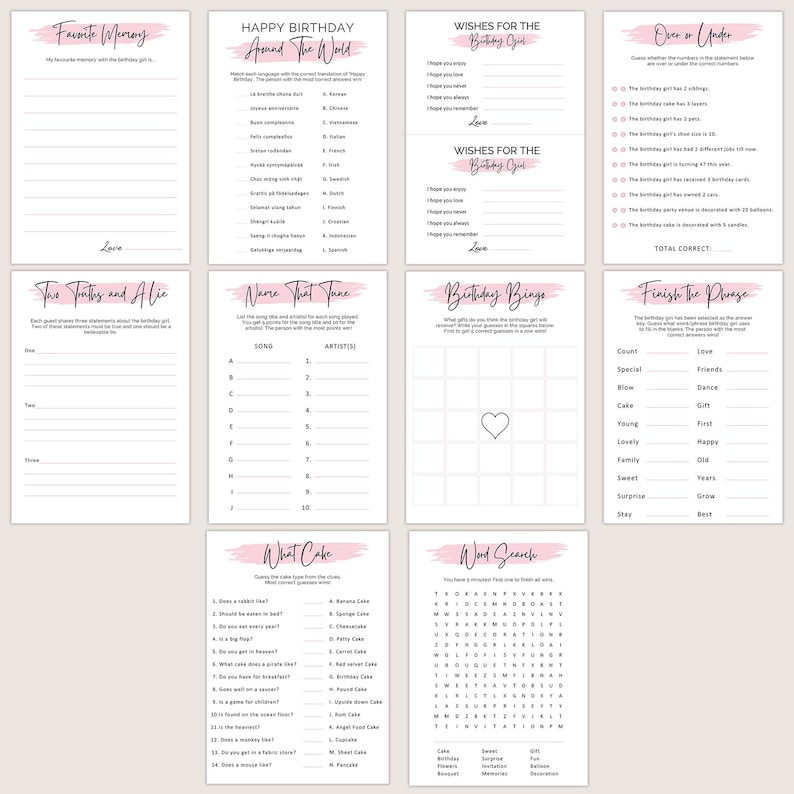 May include: A collection of printable birthday party games on white paper with pink accents. Games include "Favorite Memory," "Happy Birthday Around the World," "Wishes for the Birthday Girl," "Over or Under," "Two Truths and a Lie," "Name That Tune," and more.