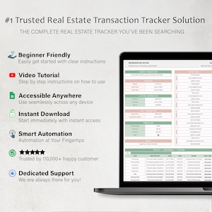 May include: A laptop screen displays a real estate transaction tracker. The screen shows a spreadsheet with various fields for listing information, sales information, and commission details. Text on the screen includes "Beginner Friendly" and "Instant Download."