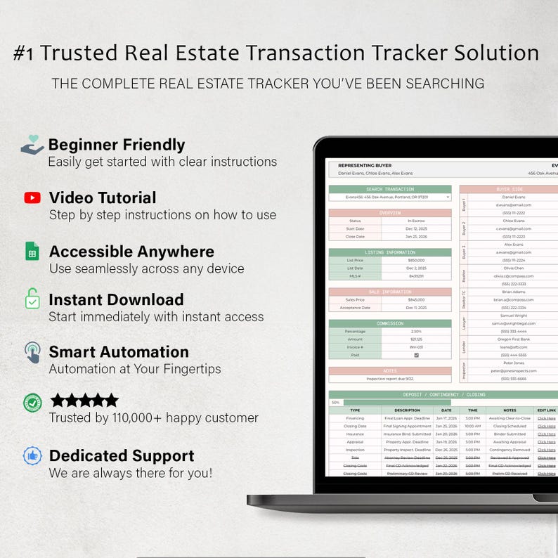 May include: A laptop screen displays a real estate transaction tracker. The screen shows a spreadsheet with various fields for listing information, sales information, and commission details. Text on the screen includes "Beginner Friendly" and "Instant Download."