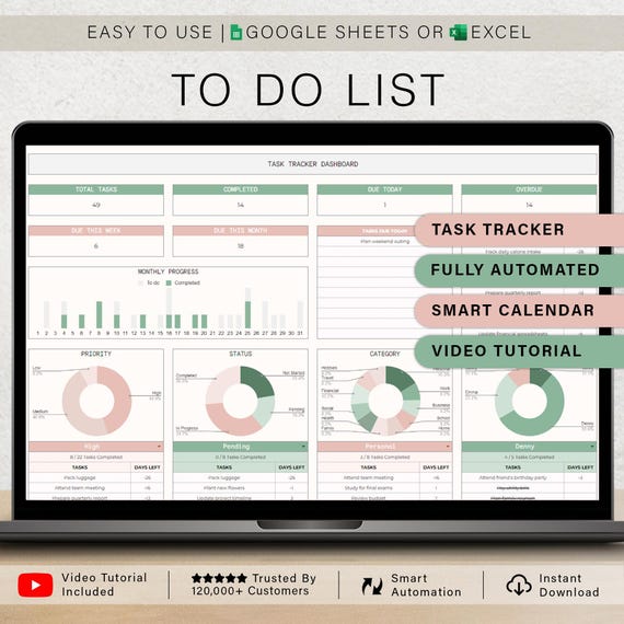 To Do List Task Tracker Spreadsheet Productivity Planner Template Daily Weekly Monthly Organization Task Management Calendar Google Sheets