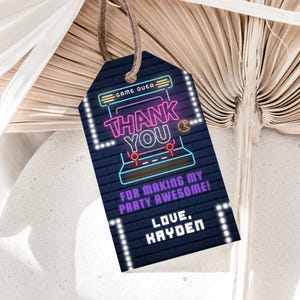 Arcade Thank You Tags Gamer Birthday Favor Tags Arcade Party Gift Label Gamer Over Tags Neon Glow Gaming Party Tags Video Game EDITABLE V01