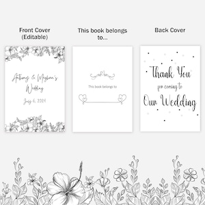 May include: A black and white wedding guest book with a floral design. The front cover says "Anthony & Meghan's Wedding" and "July 6, 2024". The back cover says "Thank You for coming to Our Wedding".