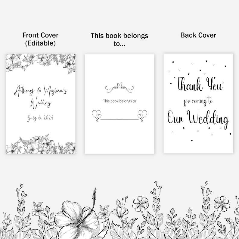 May include: A black and white wedding guest book with a floral design. The front cover says "Anthony & Meghan's Wedding" and "July 6, 2024". The back cover says "Thank You for coming to Our Wedding".