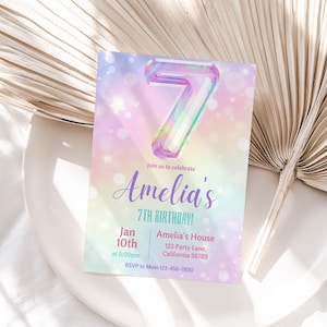 7th Birthday Invitation Girl 7th Birthday Party Invitation Rainbow Seventh Birthday Invite 7 year old Birthday Invite Editable Instant R05
