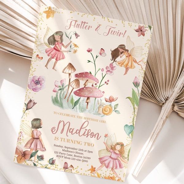 Editable Fairy Birthday Invitation Template Enchanted Whimsical Garden Forest Girl Invite Floral Magical Princess Party Instant Download F01