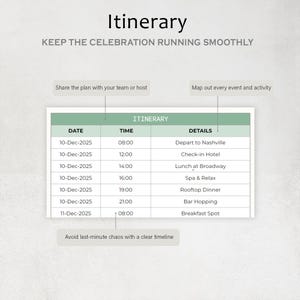 May include: A pale green itinerary template with the title "Itinerary" and the text "Keep the Celebration Running Smoothly." The schedule includes dates, times, and details for events like "Depart to Nashville" and "Rooftop Dinner."
