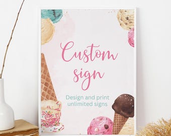 Ice Cream Custom Sign Ice Cream Party Signs Summer Birthday Sign Here's The Scoop Decor Decoration Ice Cream Theme Custom Text EDITABLE I01