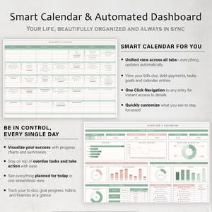 May include: A digital planner with a smart calendar and automated dashboard. The calendar is light green and white, with a weekly layout. The dashboard displays charts and summaries. Text includes "Smart Calendar & Automated Dashboard" and "Be in Control, Every Single Day."