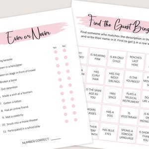 May include: Two printable game cards for a party. The first card is a "Never Have I Ever" game with 11 questions. The second card is a "Find the Guest Bingo" game with 25 squares containing descriptions of people.