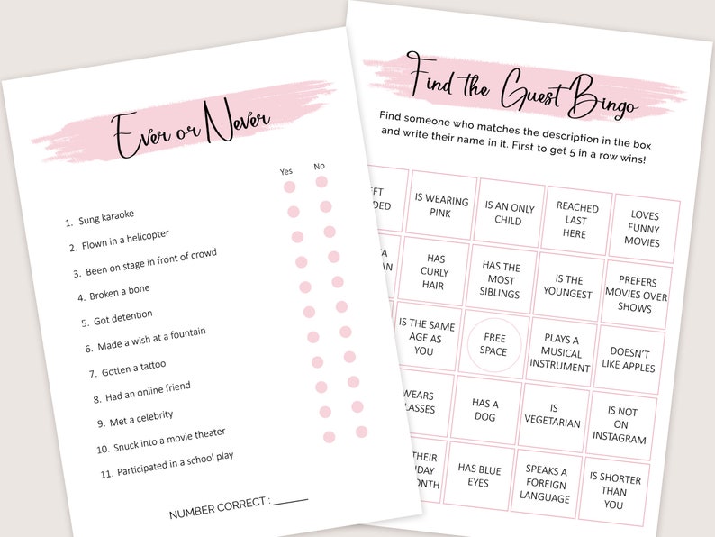 May include: Two printable game cards for a party. The first card is a "Never Have I Ever" game with 11 questions. The second card is a "Find the Guest Bingo" game with 25 squares containing descriptions of people.