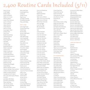 Pu&ograve; includere: Un elenco di 2.400 schede di routine organizzate in colonne con intestazioni tra cui Pet Care, Co-Parenting e Appointments. Il testo &egrave; stampato in un carattere marrone chiaro su sfondo bianco, descrivendo varie attivit&agrave; quotidiane.