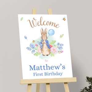 Peter Rabbit Welcome Sign Bunny Birthday Sign Flopsy Bunny First Birthday Welcome Poster Rustic Bunny Party Decor Decorations EDITABLE P05