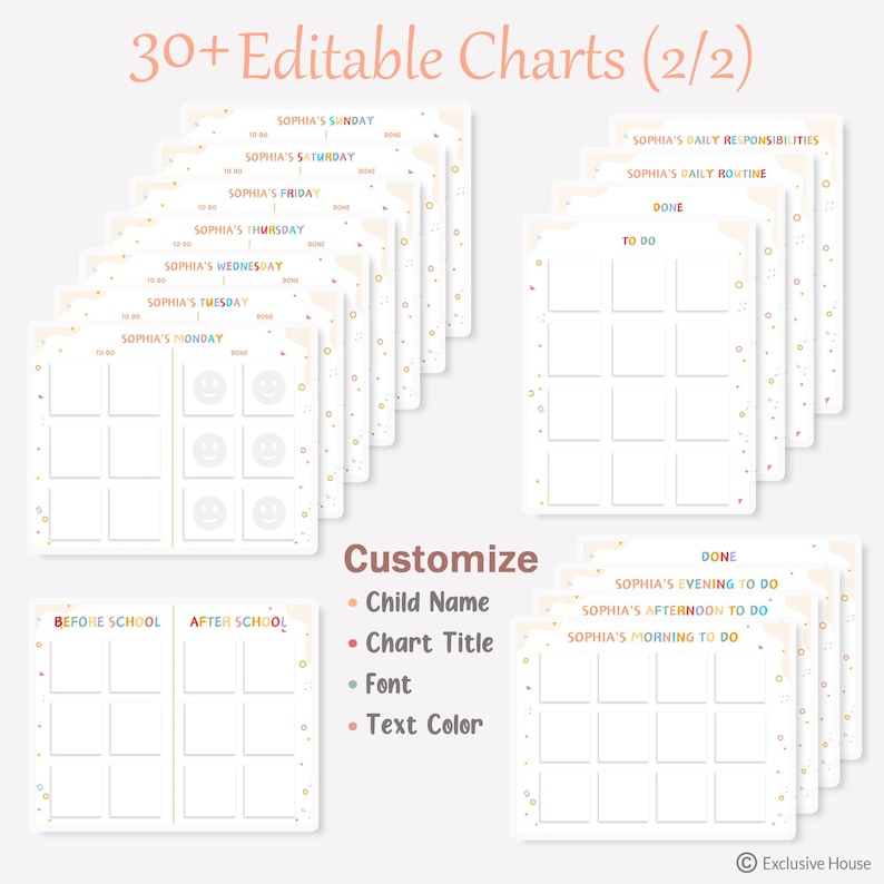 Pu&ograve; includere: Una collezione di oltre 30 grafici modificabili con testo colorato e layout a griglia per le attivit&agrave; quotidiane. I design includono intestazioni come Sophia's Monday fino a Sunday, responsabilit&agrave; quotidiane e routine, con sezioni da fare.