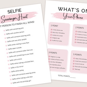 May include: A printable game for a birthday party. The game is called "Selfie Scavenger Hunt" and "What's on Your Phone". The game includes a list of selfie challenges and phone-related tasks for players to complete.
