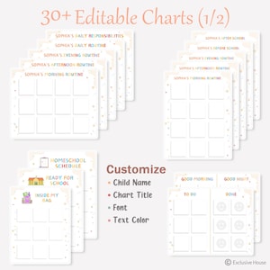 Pu&ograve; includere: Una collezione di oltre 30 grafici modificabili con testo colorato e layout a griglia. I titoli includono Sophia's Daily Responsibilities, Morning Routine, Homeschool Schedule e liste di cose da fare. Il testo Customize elenca nome, titolo, font e colore.