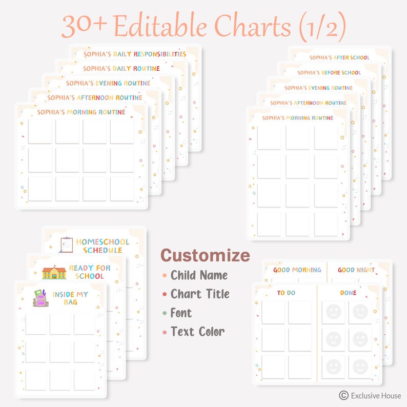Pu&ograve; includere: Una collezione di oltre 30 grafici modificabili con testo colorato e layout a griglia. I titoli includono Sophia's Daily Responsibilities, Morning Routine, Homeschool Schedule e liste di cose da fare. Il testo Customize elenca nome, titolo, font e colore.