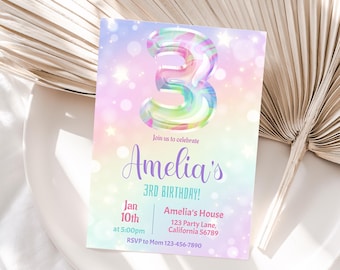 3rd Birthday Invitation Girl 3rd Birthday Party Invitation Rainbow Third Birthday Invite 3 year old Birthday Invite Editable Instant R05