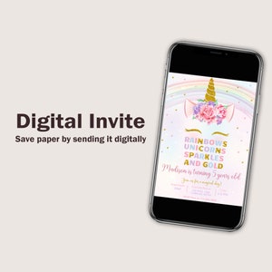 Unicorn Rainbow Birthday Invitation Unicorns Rainbows Sparkles and Gold Invitation Girl Party Invite Pastel EDITABLE Instant Digital U01 image 4