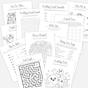 May include: A set of printable wedding-themed activity sheets. The sheets include a word search, word scramble, connect four game, dot-to-dot, a "this or that" game, a maze, a coloring page of a flower bouquet, a coloring page of a wedding food scene, and a coloring page of a suit.