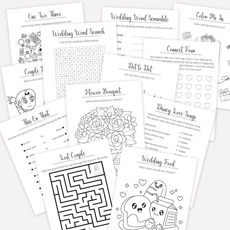 May include: A set of printable wedding-themed activity sheets. The sheets include a word search, word scramble, connect four game, dot-to-dot, a "this or that" game, a maze, a coloring page of a flower bouquet, a coloring page of a wedding food scene, and a coloring page of a suit.