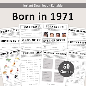 May include: A set of printable party games with the title "Born in 1971". The games include trivia, bingo, and "This or That" questions. The image also includes the text "50 Games".