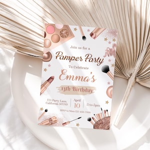 Invitación para fiesta de mimos, invitación de cumpleaños para mimos, fiesta de spa, invitación para fiesta de maquillaje en oro rosa glamoroso, descarga instantánea editable S10