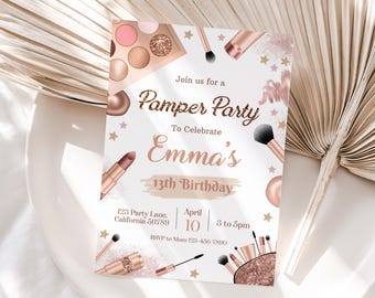 May include: A rose gold and white invitation for a Pamper Party to celebrate Emma's 13th birthday. The invitation features makeup brushes, lipstick, and eyeshadow palettes. The party is from 3 to 5pm on April 10th. RSVP to Mom at 123-456-7800.