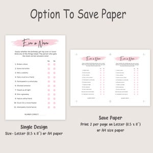 May include: Two printable "Ever or Never" game sheets. The main sheet is a single design, letter size (8.5 x 11 inches) or A4 paper. The other sheet is designed to save paper, printing two games per page.