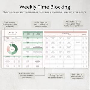 May include: A digital planner titled "Weekly Time Blocking" with a white background. The planner includes sections for tracking time, goals, and activities. Text includes "Madeline's" and "SYNCS SEAMLESSLY WITH OTHER TABS FOR A UNIFIED PLANNING EXPERIENCE."