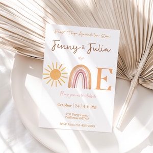 First Trip Around The Sun Twin Birthday Invitation Boys Girls Siblings 1st Trip Around the Sun Invite One Year Around Sun Party EDITABLE S06