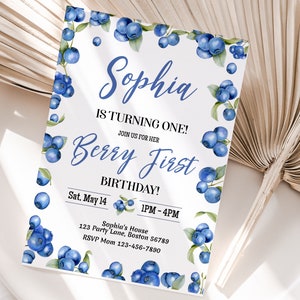 Editable Blueberry First Birthday Invitation Template Girl 1st Birthday Party Invite Berry First Birthday Cute Sweet Printable Instant S01