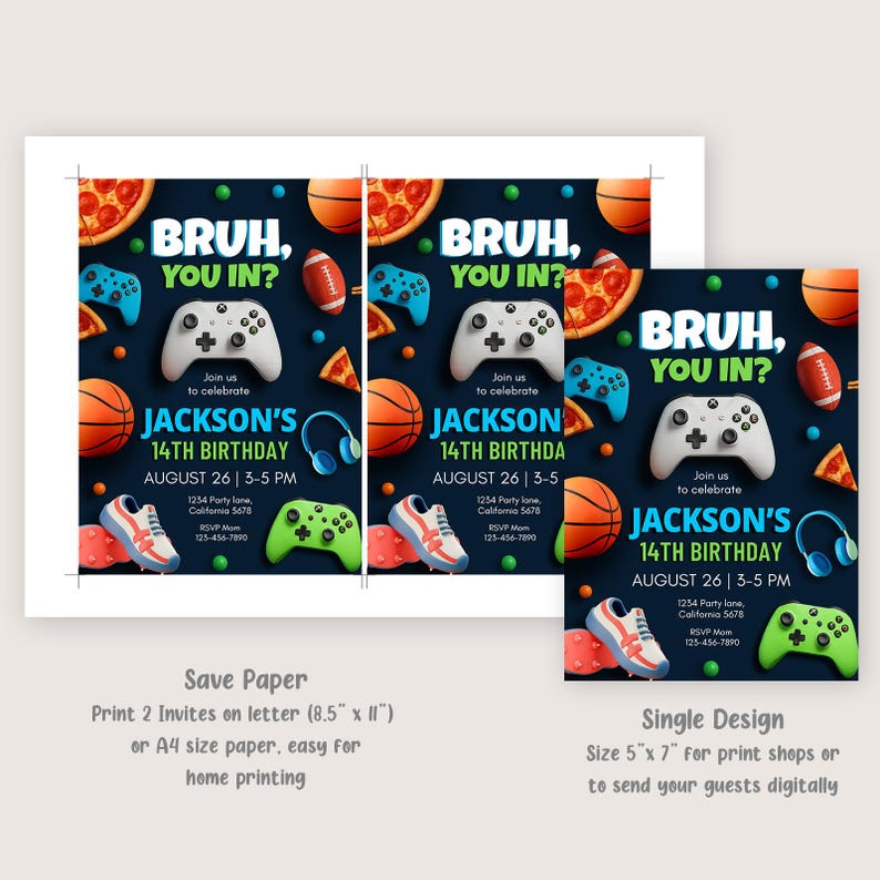 May include: A dark blue birthday invitation with the text "BRUH, YOU IN?" and "JACKSON'S 14TH BIRTHDAY". The design includes pizza slices, basketballs, game controllers, and sneakers. The invitation is available in two sizes.