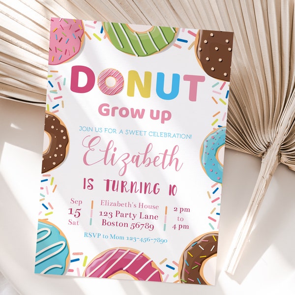 Donut Birthday Party Invitation Donut Grow Up Invitation Donut Invite Girl Donut Party Invite Pink Sprinkle EDITABLE Instant Download D04