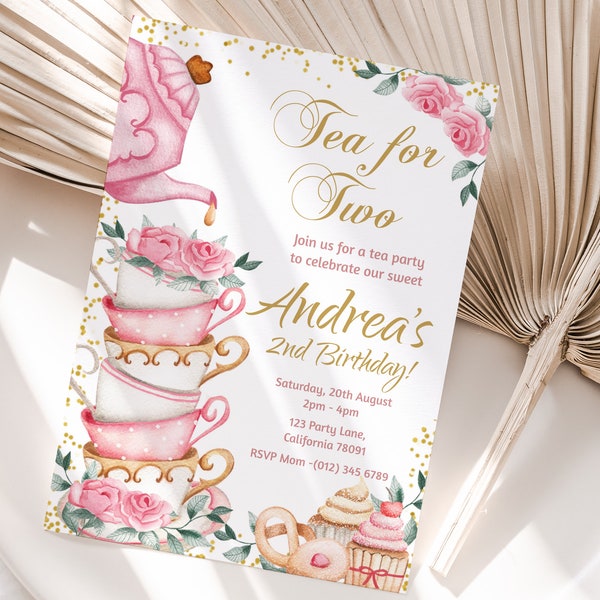 Tea for Two Birthday Invitation Tea for Two Invitation Tea Party 2nd Birthday Invite Second Birthday Pink Gold Floral EDITABLE Instant T01