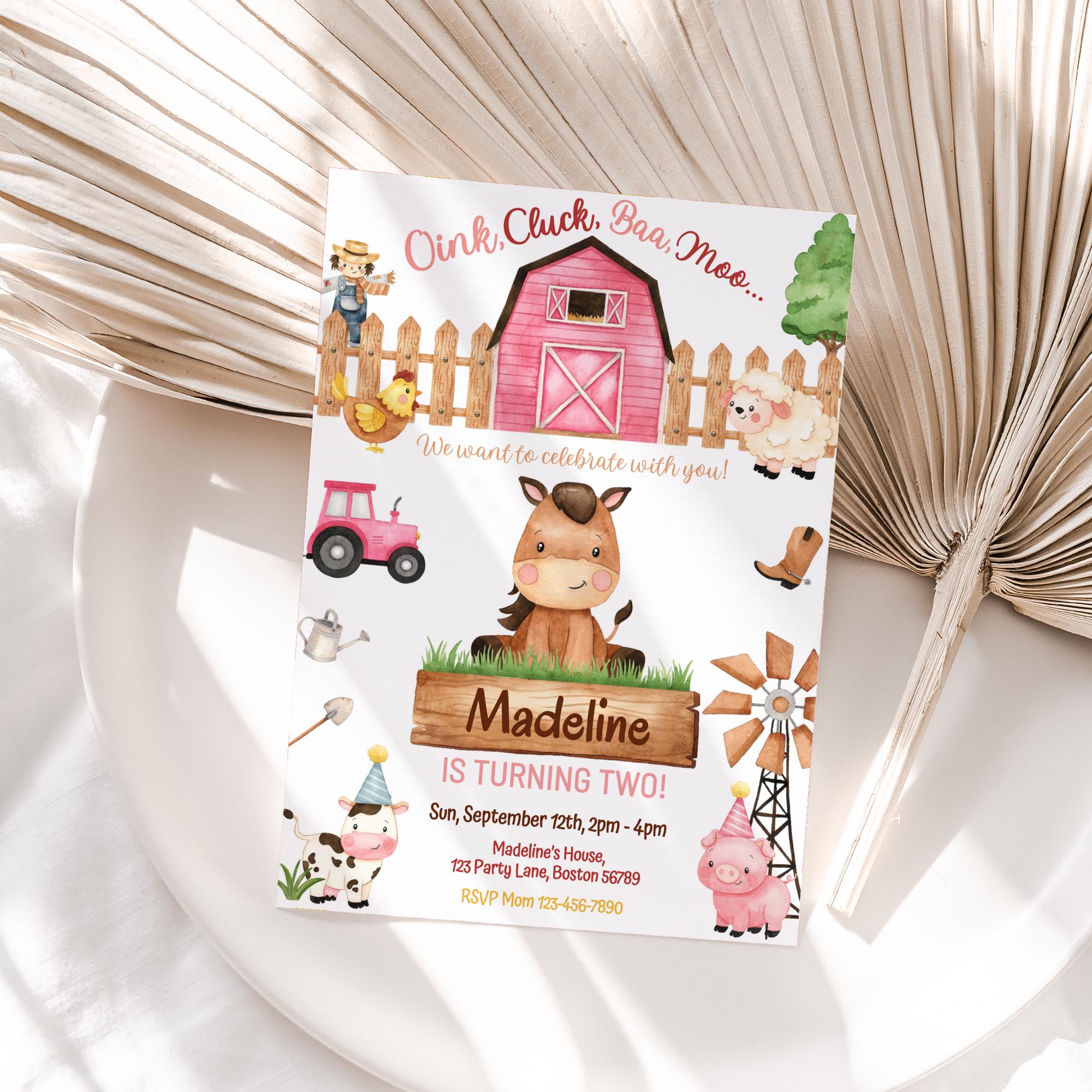 Girl Barnyard Birthday Invitation Editable Pink Barn Party Invite Farm ...