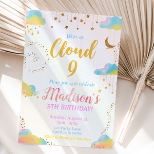 Cloud 9 Birthday Invitation Cloud Nine Party Invitation Girl 9th Birthday Invite Gold Rainbow Cloud 9th Birthday Invite EDITABLE Instant C05