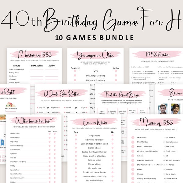 40th Birthday Games for Women 40th Birthday Party Games for Her Born in 1983 Game 1983 Trivia Quiz Activity Bundle Instant Digital PRINTABLE